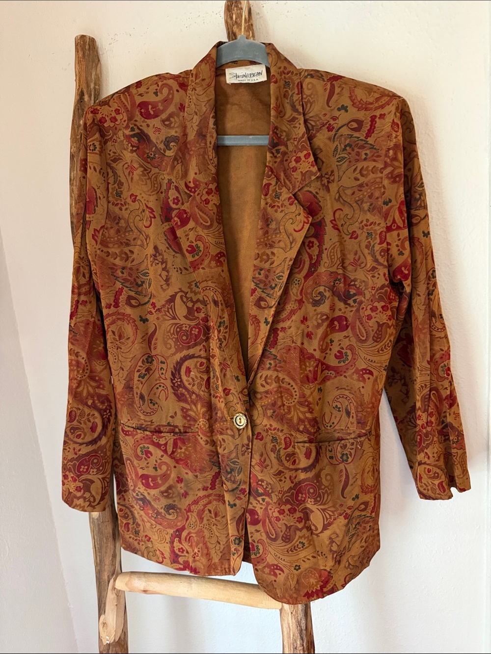 Vintage Lightweight Fall Paisley Blazer Jacket Brown Rust Burgundy Red Medium